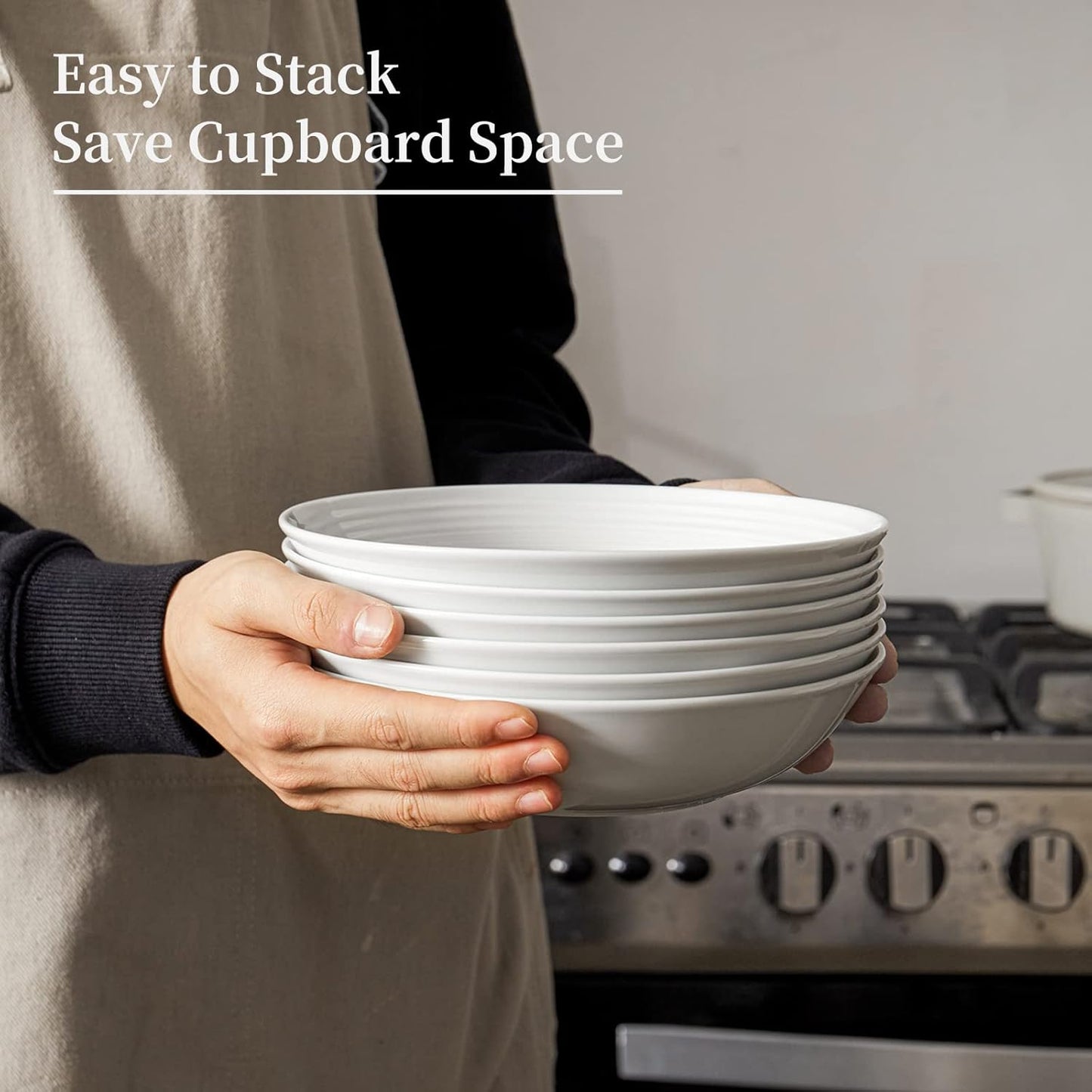 Y YHY 26 Ounces Porcelain Pasta Salad Bowls, White Soup Bowl Set, Wide and Shallow, Set of 6, Spiral Pattern, Christmas Thanksgiving