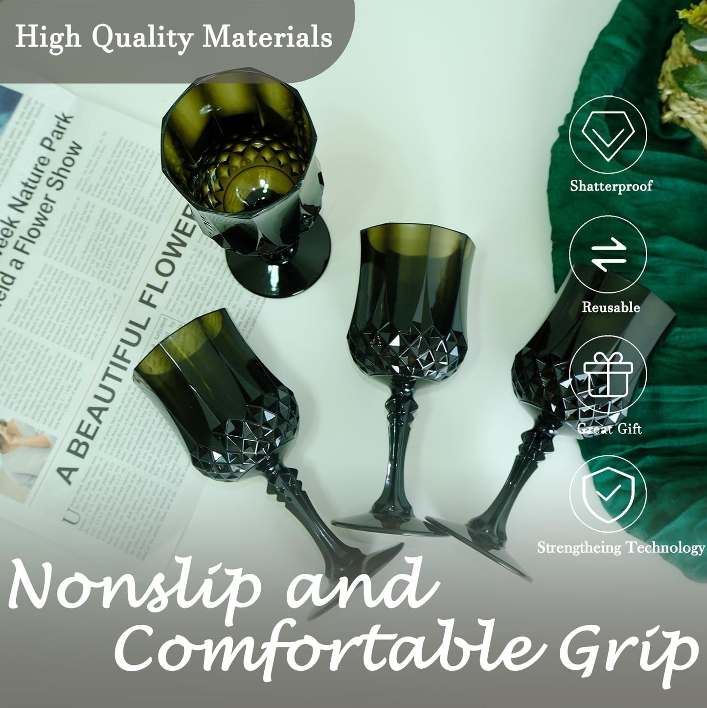 Plastic Wine Glasses，Plastic Goblets Vintage Style Cordial Drinking Glasses for Wedding Reception, Grand Event Party Supplies (24, Black)