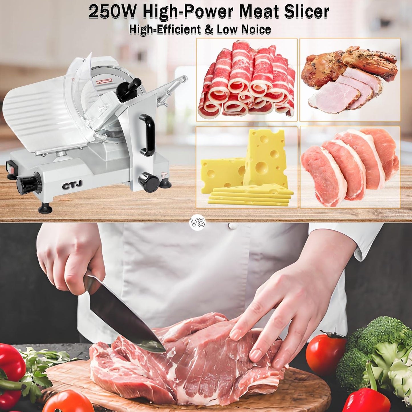 CTJ Commercial Meat Slicer 12" Electric Deli Slicers 250W Meat Cutter Machine (0-0.62") Adjustable Thickness Food Slicer with Cut-Resistant Gloves for Vegetables, Hard Bread, Cheese, Ham