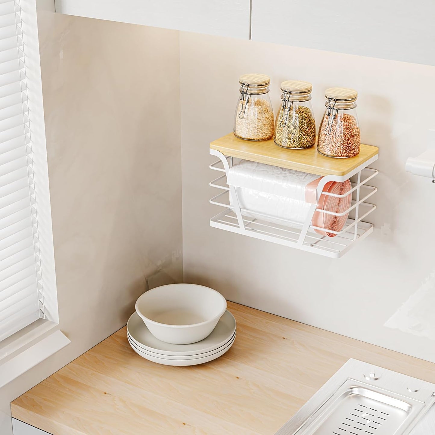 Small Grocery Bag Holder, Trash Bag Dispenser with Removable Bamboo Top, No Drill,White