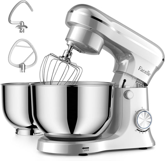 Facelle Tilt-Head Stand Mixer, 5QT+6QT Stainless Steel Two Bowls, 10 Speeds Kitchen Electric Food Mixer with Egg Whisk, Dough Hook, Beater, Dishwasher-Safe Attachment, Ideal Gift for Mom