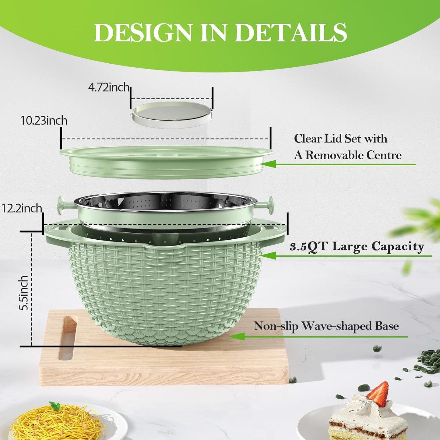4-1 Colander with Bowl Set - Strainers for Kitchen, Food Strainers and Colanders, Pasta Strainer, Rice Strainer, Fruit Cleaner, Veggie Wash, Salad Spinner, Aesthetic Kitchen Essentials - Green