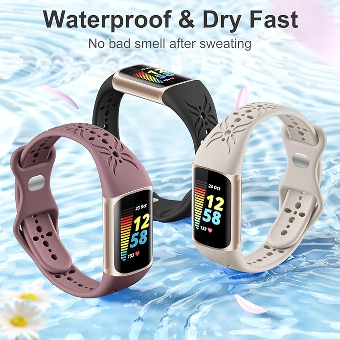Maledan Slim Engraved Band Compatible for Fitbit Charge 6/Charge 5 Bands Women Men, Elegant Hollow-out Pattern Bracelet Strap Loops Wristbands for Fitbit Charge 5/Charge 6 Fitness Tracker Accessories