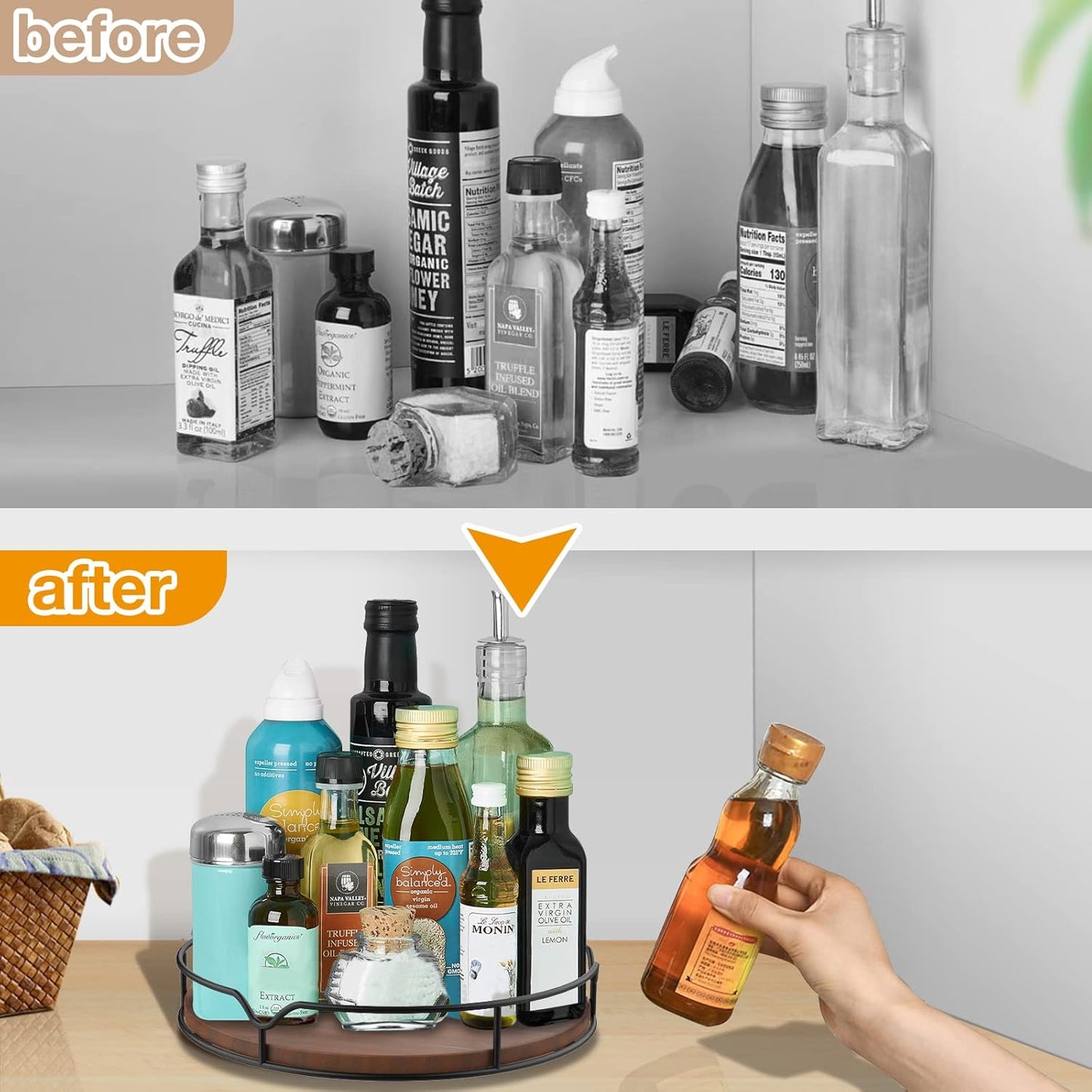 Lazy Susan Turntable Organizer for Cabinet Pantry Kitchen Countertop Refrigerator Cupboard, Pine Wood, 9", Brown