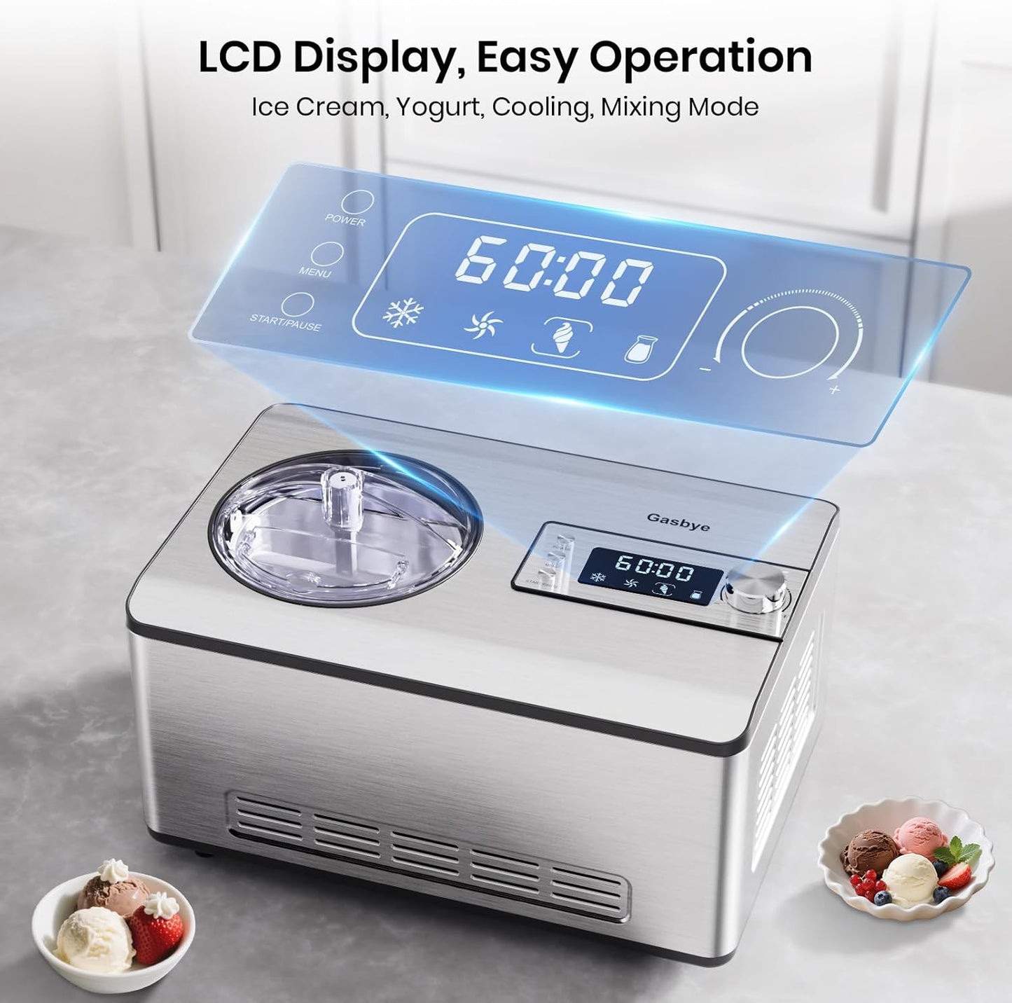 Ice Cream Maker with Upgraded Compressor, [40% Faster Freezing], No Pre-Freezing Needed, LED Display, 2.1 Qt Capacity, Easy Operation for Ice Cream & Yogurt, Stainless Steel