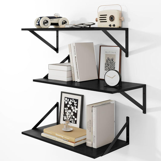 Heimlove 24" W x 12" D Wall Shelves for Books, 12 Inch Deep Floating Shelves Set of 3, Wide Floating Bookshelf with Metal Bracket for Living Room, Kitchen, Office, Bedroom and Decor Storage - Black