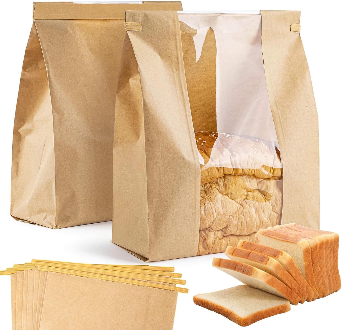 100Pcs Bread Bags with Reusable Ties - Homemade Sourdough Bread Storage Bags Brown Paper Bagel Loaf Bakery Bags with Window Toast Bags with Resealable Tie Disposable Baked Goods Sale Packaging