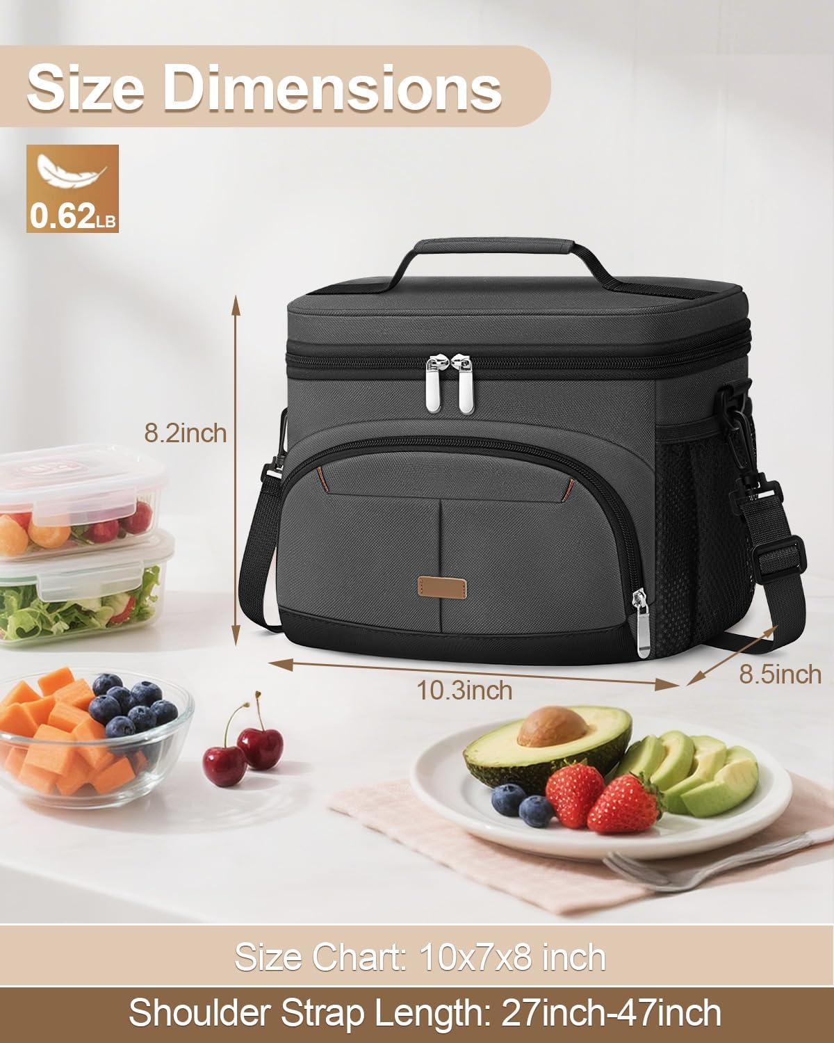 Lunch Box for Man Women, Insulated Lunch Bag Cooler Bag Leakproof Lunchbox Lunch Tote Bags with Removable Strap for Work School Picnic Travel (Grey/12L
