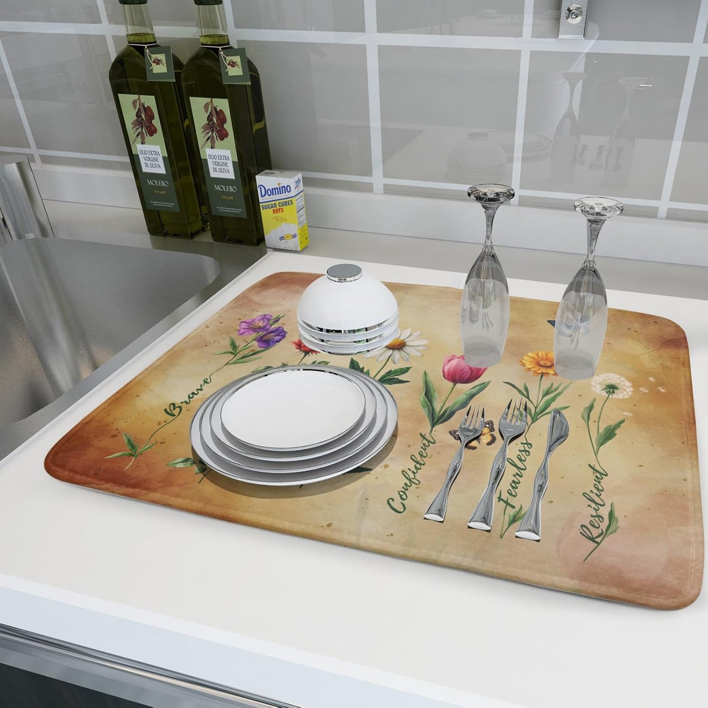 Inspirational Flower Dish Drying Mat - Rustic Vintage Floral Kitchen Absorbent Dish Dryer Mat for Women