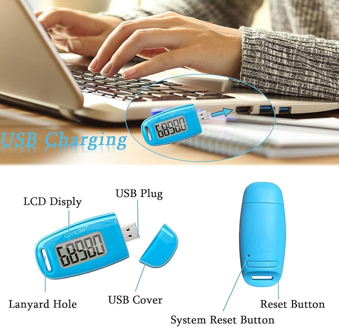 3D Pedometer Clip On, Simple Walking Step Counter with Backlight, USB Rechargeable Accurate Step Counter, Daily Target Monitor, Exercise Time (Blue)