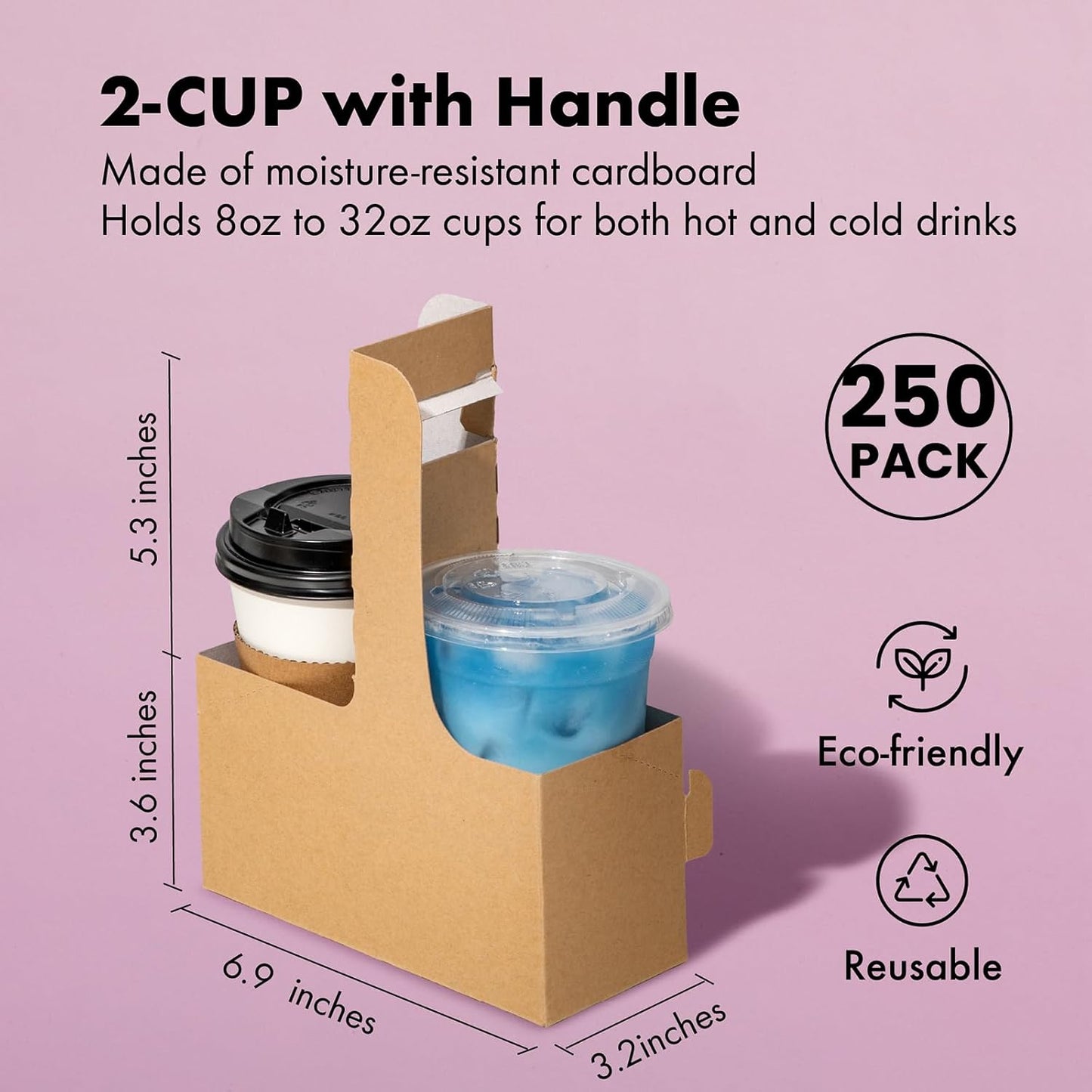 FMP Brands 2 Cup Disposable Drink Carrier with Handle, 250 Pack Kraft Paperboard Handled Drink Carriers 12-30 oz to Go Coffee Cup Holder, Cup Carrier for Cold Hot Drinks, Takeout, Cafe