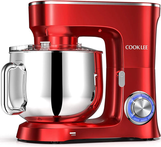 COOKLEE Stand Mixer, 9.5 Qt. 660W 10-Speed Electric Kitchen Mixer with Dishwasher-Safe Dough Hooks, Flat Beaters, Wire Whip & Pouring Shield Attachments for Most Home Cooks, Ruby Red