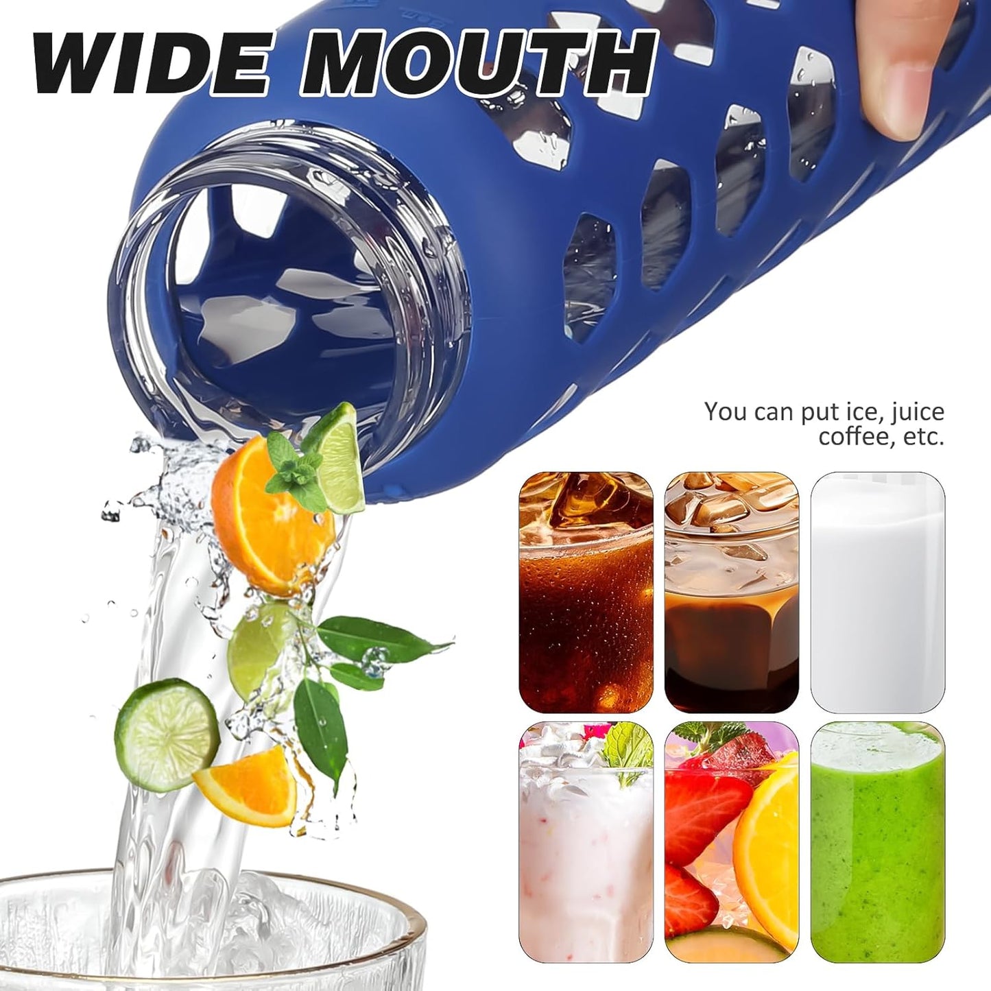 MUKOKO Glass Water Bottles, 24oz Glass Tumbler with Straw, Drinking Bottles with 2 Lids-Handle Spout Lid&Bamboo Straw Lid, Motivational Water Bottle with Time Marker and Silicone Sleeve, 1 Pack-Blue