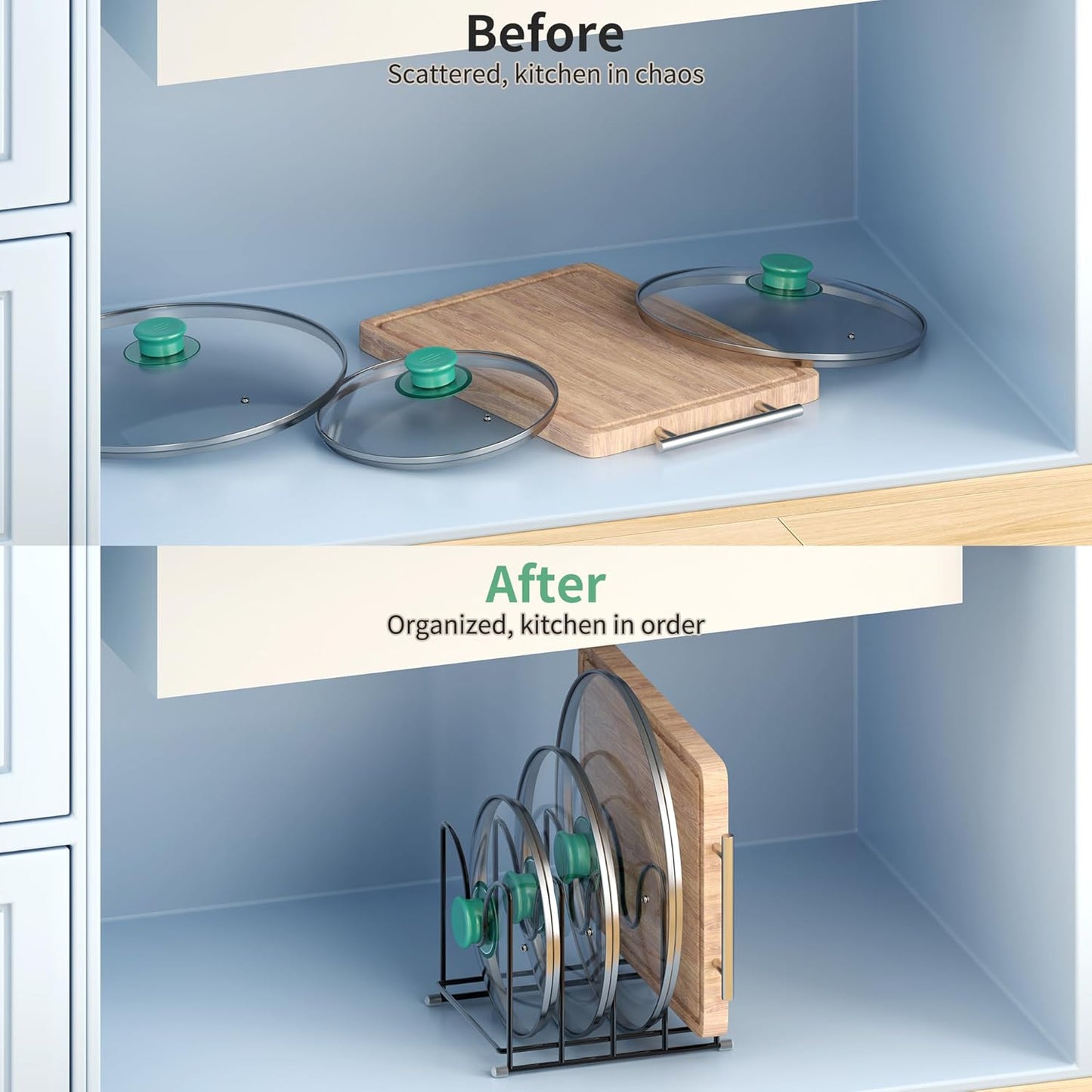 Pot Lid Organizer Rack,1.6in Wide Cutting Board Organizer for Pan Lids,Baking Sheets,Cookie Sheets, with 4 Slots,Cutting Board Holder Rack (2PC-Large)