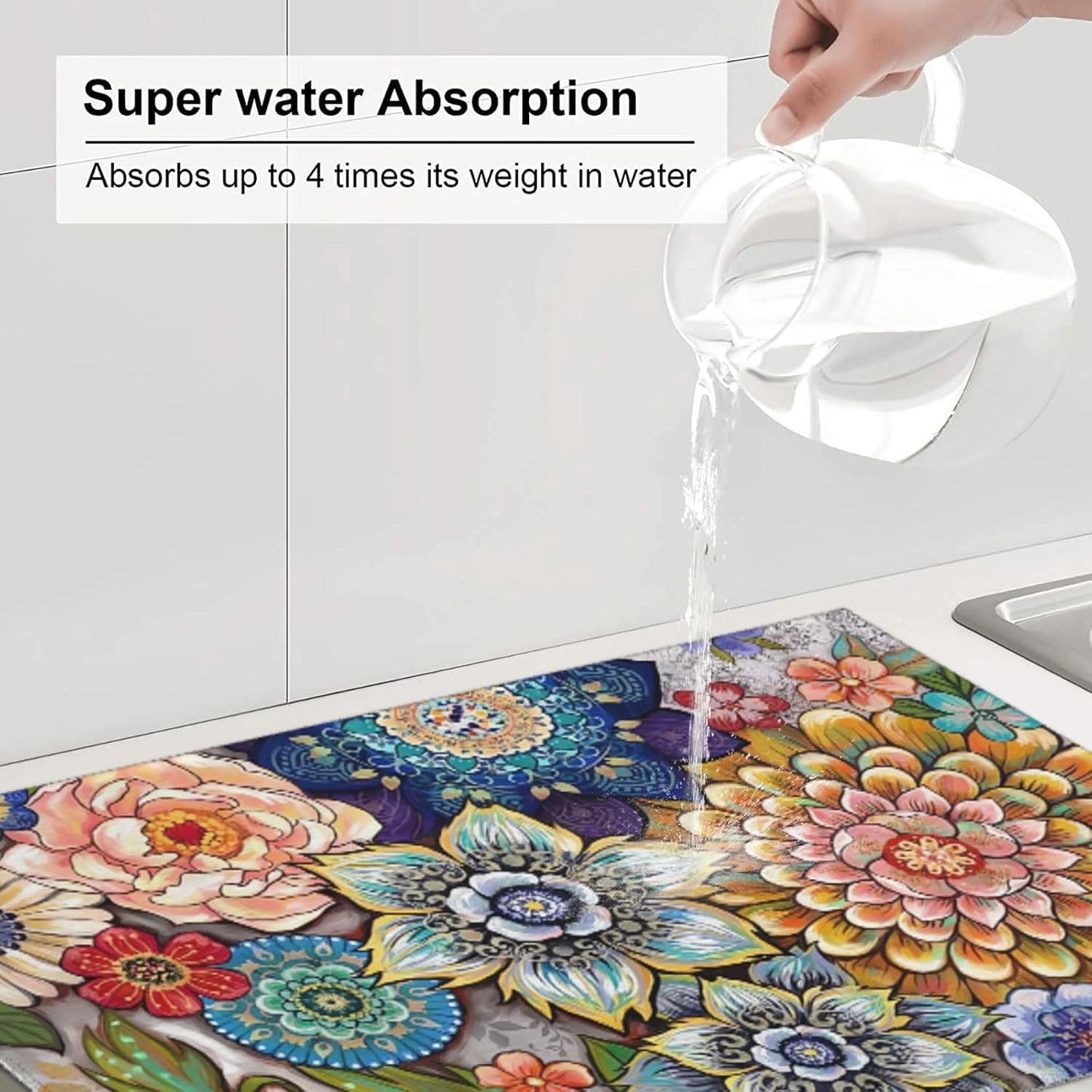 Floral Dish Drying Mat 18x24 for Kitchen Counter, Boho Coloful Flowers Decorative Absorbent Coffee Mat Dish Drying Pad Coffee Bar Dish Drainer Rack Mat Drainer Mat