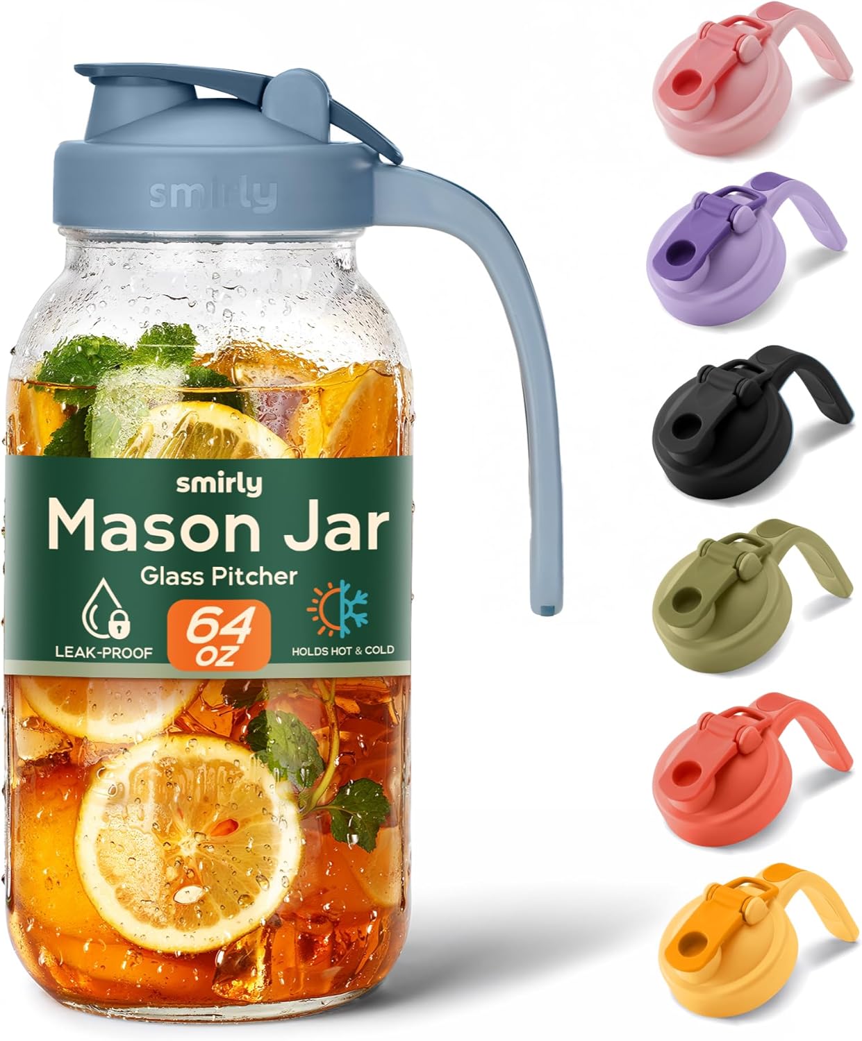 SMIRLY 64 oz Mason Jar Pitcher, Glass Pitcher with Wide Mouth, Water Jug with Double Leak Proof Lid for Iced Coffee, Hot Water, Breast Milk