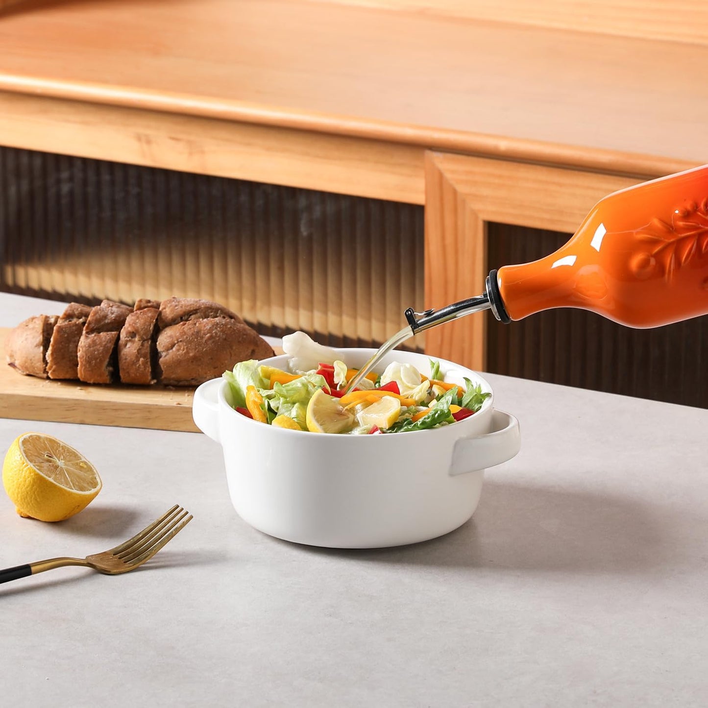 Sweejar Large Olive Oil Dispenser Bottle with Spout, 24 Oz Ceramic Oil Dispenser for Kitchen, Relief Opaque Cruet, Container for Cooking, EVOO, Vinegar, Pack of 1 (GradientOrange)