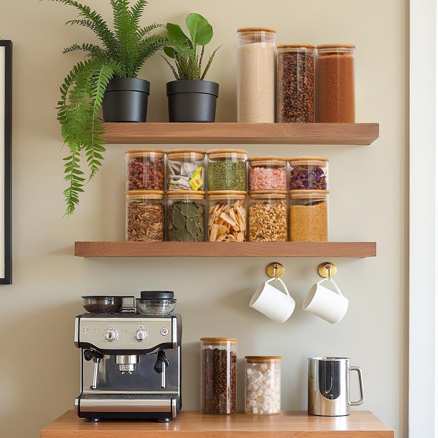 ComSaf Glass Spaghetti Pasta Storage Container with Lids 2 Qt Set of 3, Tall Clear Airtight Food Storage Jar with Wood Cover Kitchen Pantry Storage Container for Noodles Flour Cereal Coffee Beans