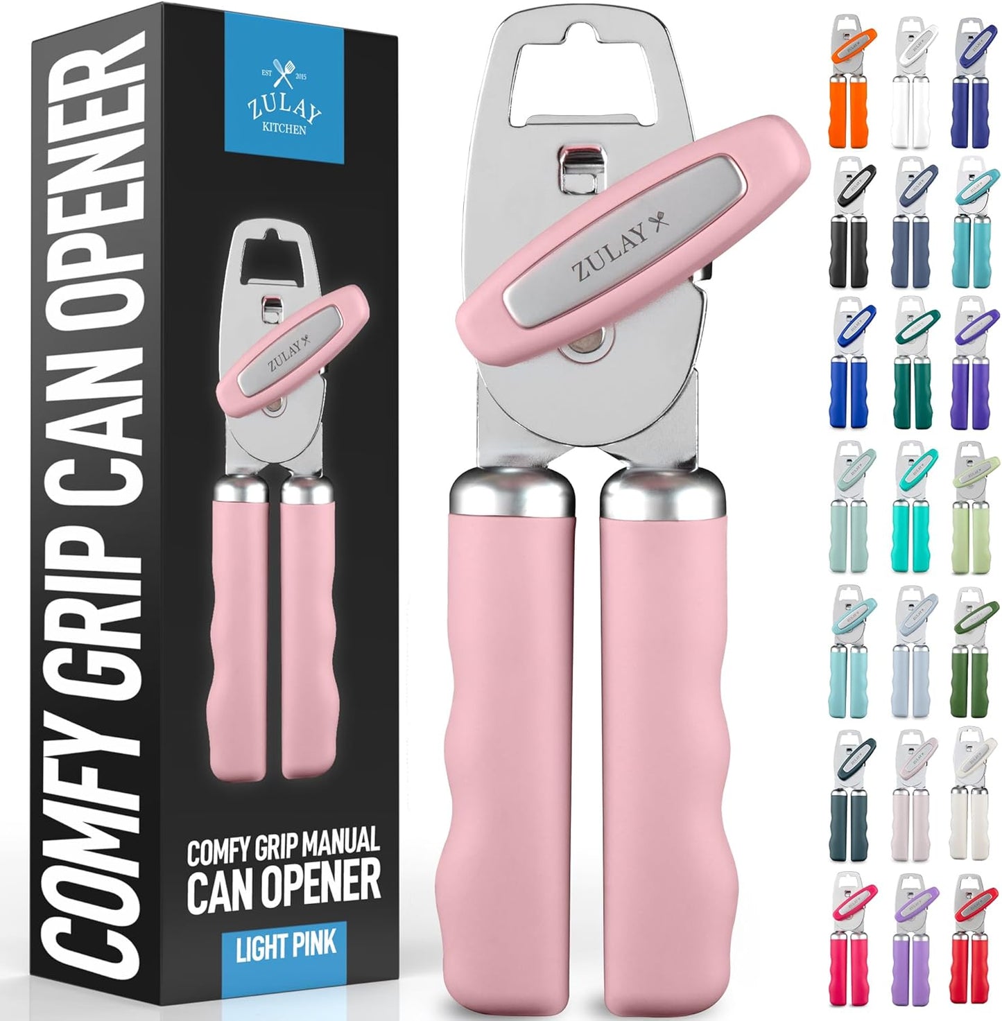 Zulay Kitchen Heavy Duty Stainless Steel Can Opener Manual with Bottle Opener - Rust Proof Manual Can Opener With Turn Knob & Comfy Soft Grip Handles - Light Pink
