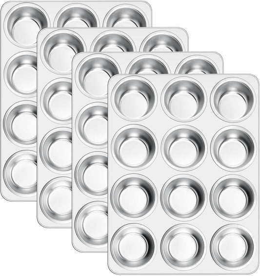 E-far 12-Cup Muffin Pan Set of 4, Stainless Steel Muffin Tins, Non-Toxic Metal Cupcake Pans Tray for Baking Small Mini Cupcake, Heavy Duty & Regular Size, Rust Free & Dishwasher Safe