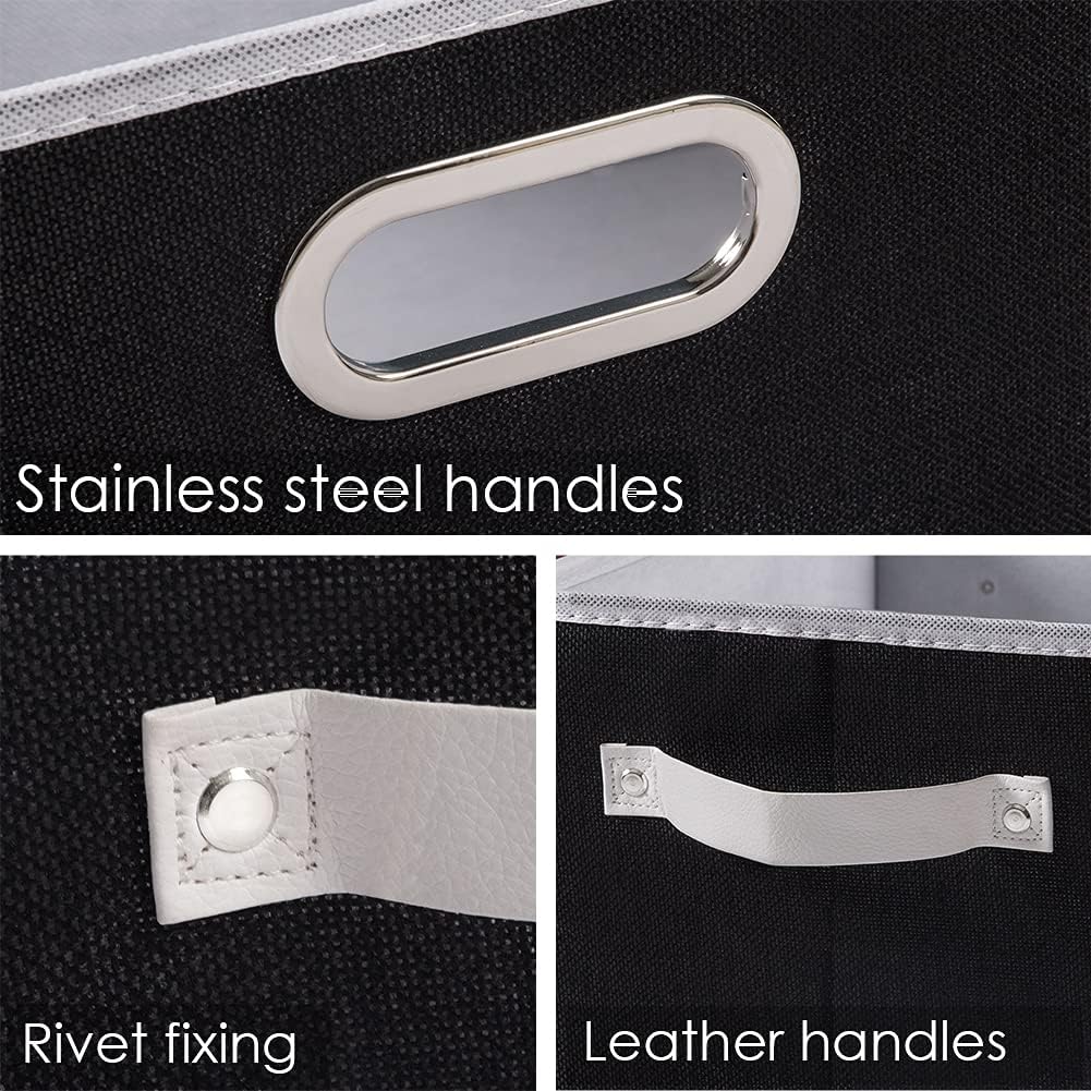 PRANDOM Fodable Storage Bins for Closet [3-Pack] Decorative Fabric Storage Baskets Cubes with Leather/Metal Handles for Shelves Bedroom Living Room Black (11.5x8.5x6.7 Inch)