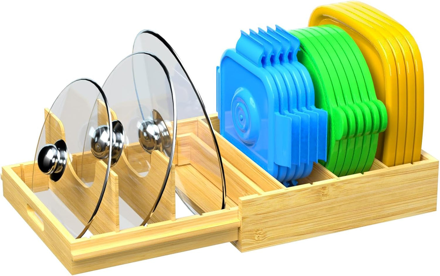 Pots and Pans Organizer, Bamboo Expandable Cutting Board Organizers, Adjustable Pot Lids Organizer for Cabinet with 5 Adjustable Dividers for Pots, Pans, Baking Sheets, Cutting Boards, Nature