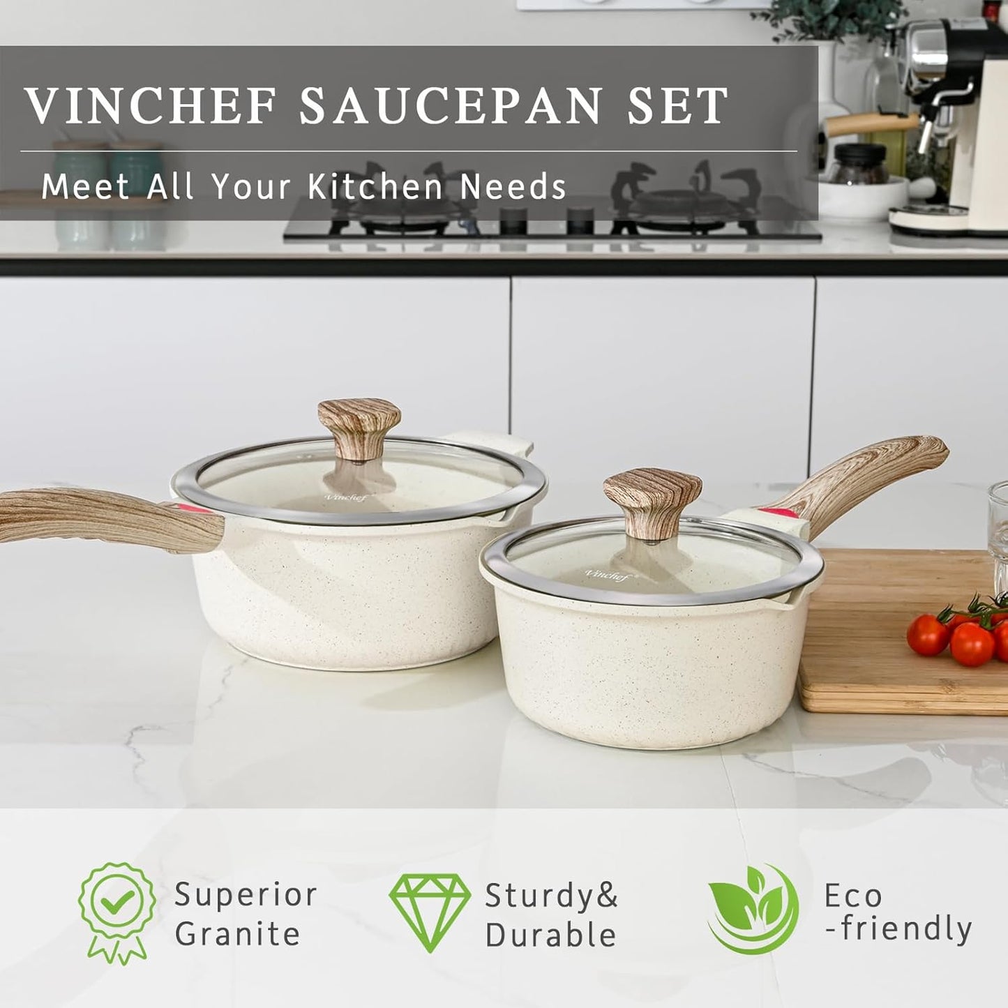 VINCHEF Sauce Pan Set with Lid 10PCS, 3 White Non Stick Cooking Pots Induction pot sets, Saucepan Set with Silicone Tools and Pot Protectors, PFAS and PFOA Free (2QT+3QT+4QT)