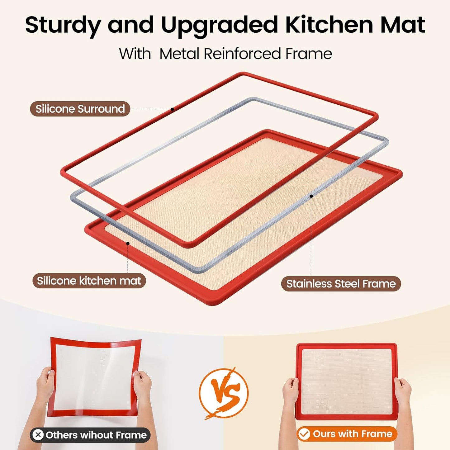 Vinino Silicone Cookie Sheets for Baking with Metal Reinforced Frame, Nonstick Silicone Baking Mat for Oven Low Edges, Half Baking Sheet Pan Dishwasher Safe BPA Free, 16.5"X12.5", Brownish Red