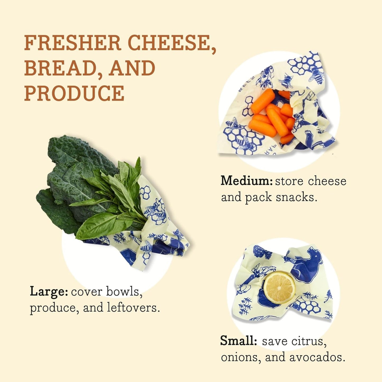 Bee's Wrap Beeswax Wraps for Food - Bees + Bears 3 Pack (S, M, L) Made in USA Reusable & Organic Food Wraps, Sandwich Wrap & Bowl Covers - Eco-Friendly Alternative to Aluminum Foil & Plastic Wrap
