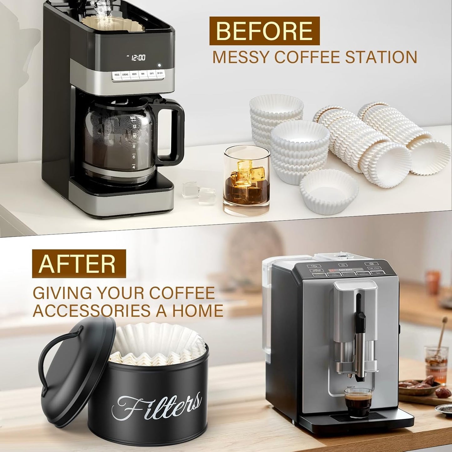 Coffee Filter Holder for Counter, Large Basket Coffee Filter Storage with Lid, Round Container for Bar Accessories Decor (Black)