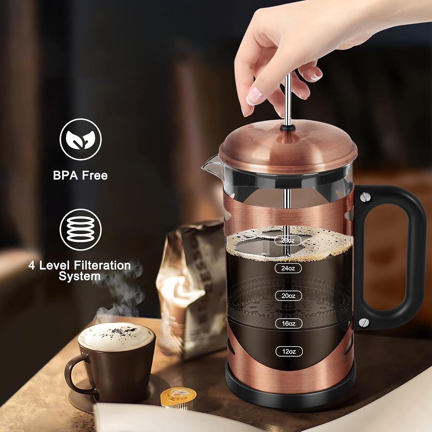 34 Ounce French Press Coffee Maker Copper Stainless Steel Coffee Press, with 4-Level Filter System, Heat Resistant Thickness Borosilicate Glass, BPA-Free Brewed Coffee Pot for Camping Gifts