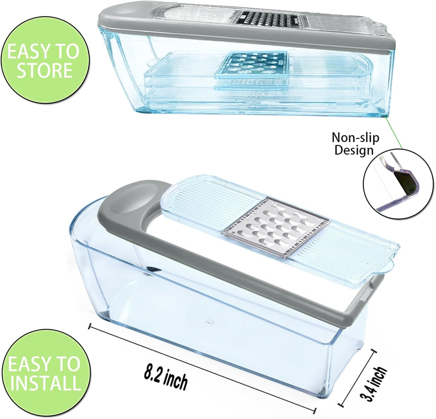 LHS Mandoline Slicer, 4 Sharp Stainless Steel Blades with Food Storage Container — Kitchen Tools for Cheese, Chocolate, Vegetables& Fruits - Dishwasher Safe (grey)