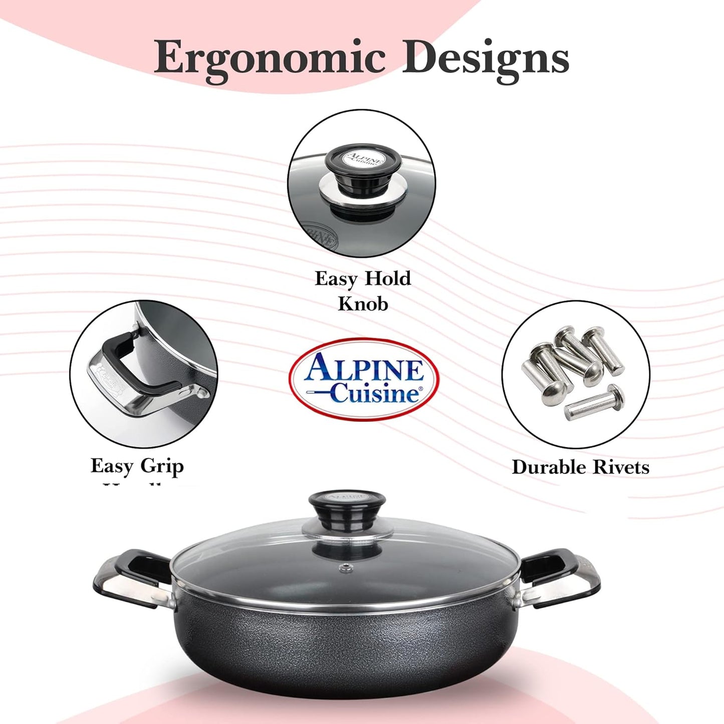 Alpine Cuisine 3.2 Quart Non-stick Caldero Stock Pot with Tempered Glass Lid and Carrying Handles, Multi-Purpose Cookware Aluminum Low Pot Dutch Oven for Braising, Boiling, Stewing