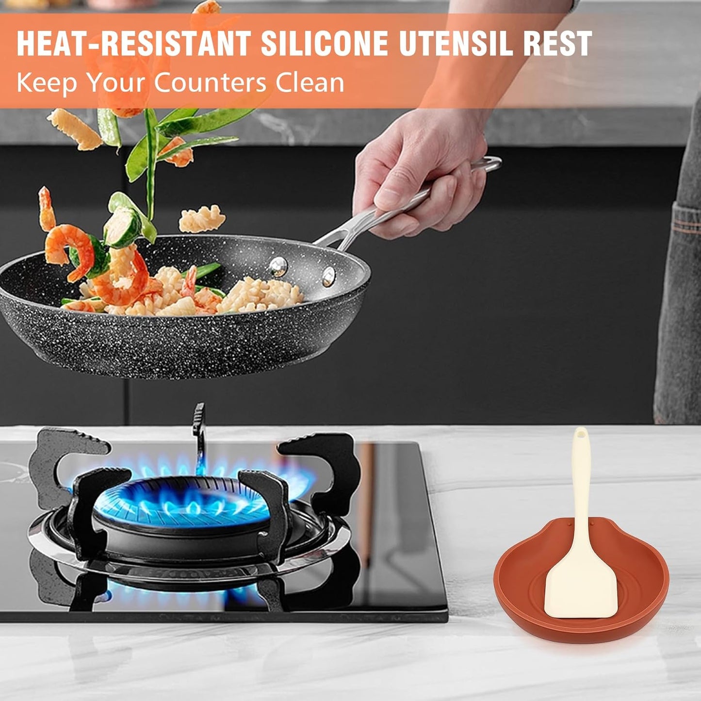 Silicone Spoon Rest for Stove Top - BPA-Free, Heat-Resistant Spoon Holder - Spoon Rest for Kitchen Counter - Large Cooking Utensil Rest for Spoons, Spatulas, Ladles or Tongs - Orange Red