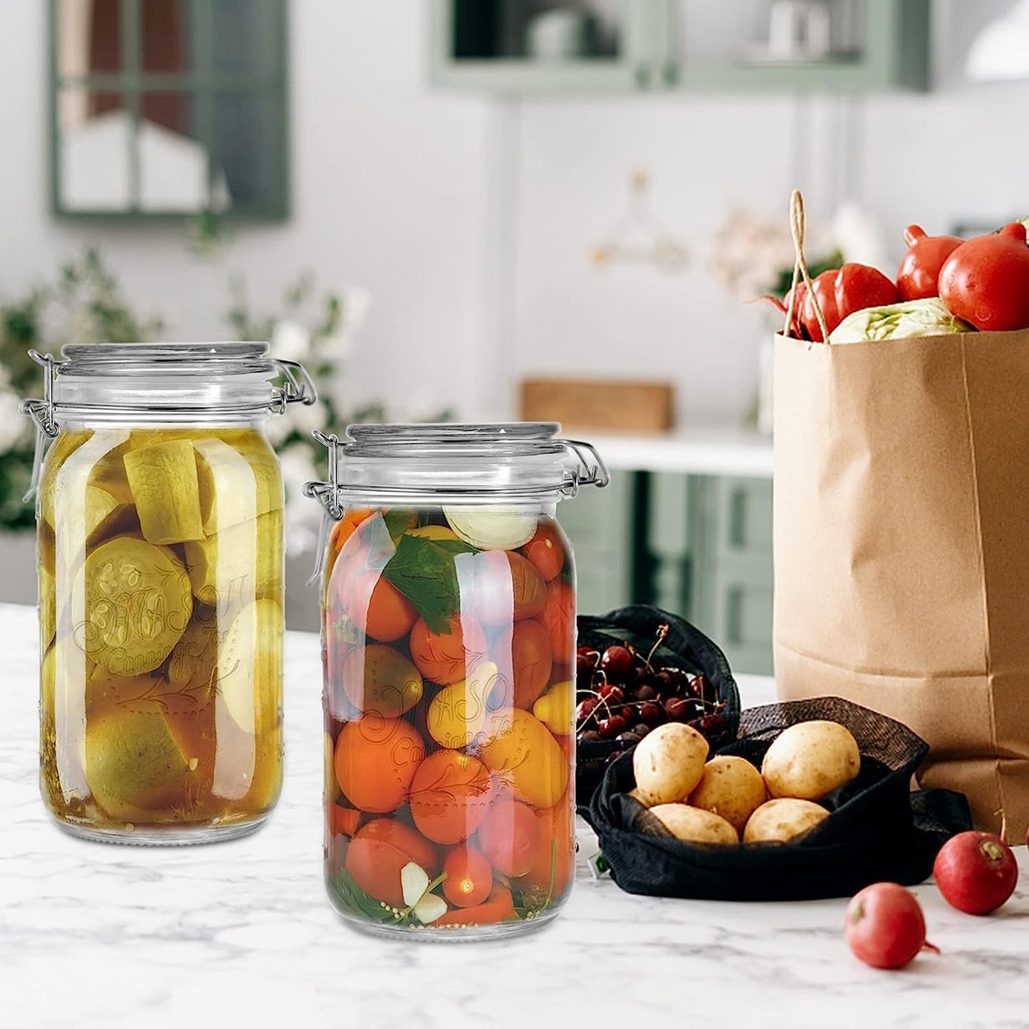 Tebery 4 Pack Clear Wide Mouth Glass Mason Jars with Airtight Clamp Lids, 32Oz Glass Storage Containers Large Kitchen Canisters for Food, Flour, Pasta, Coffee, Candy, Dog Treats, Snacks & More