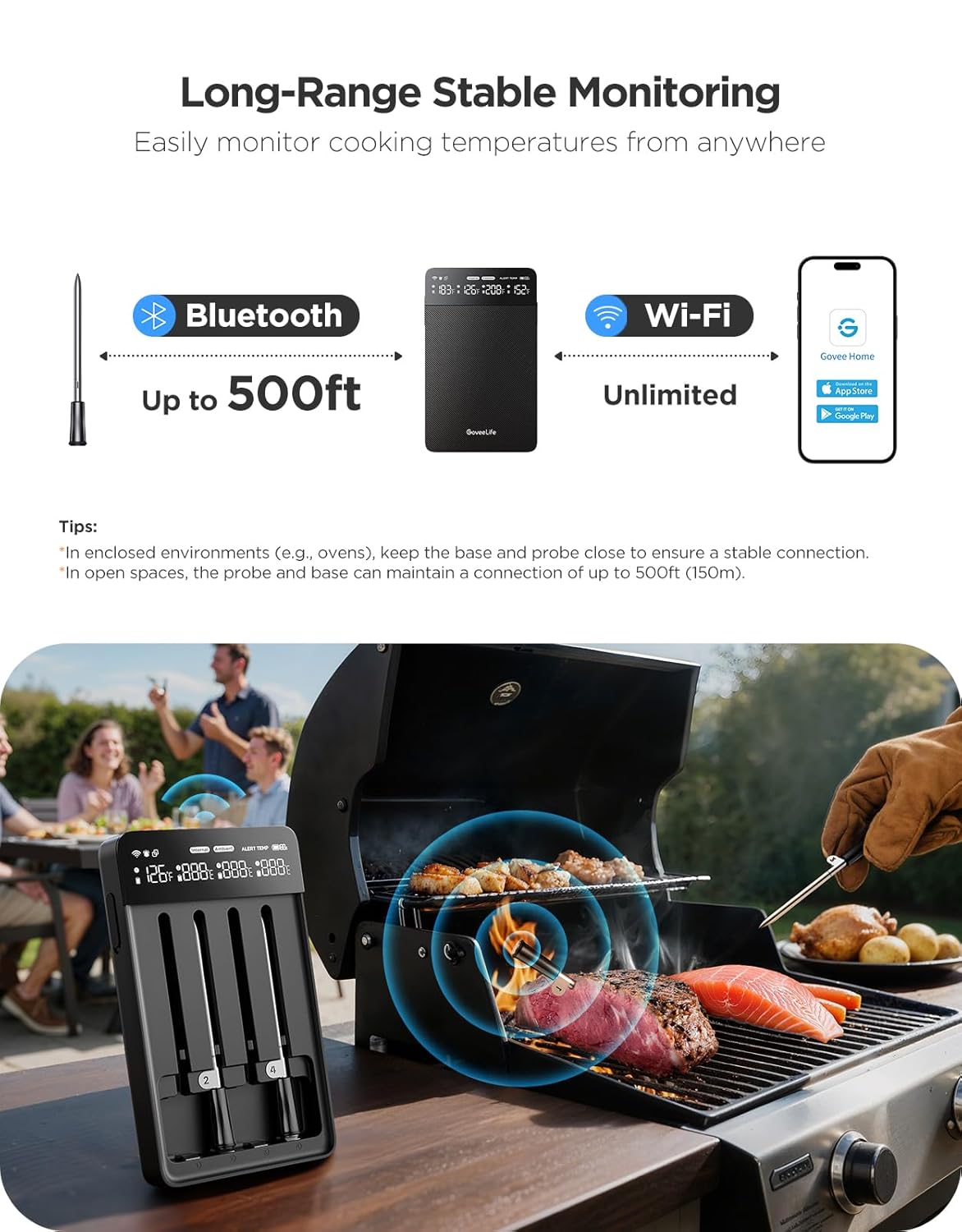 GoveeLife Digital Meat Thermometer Wireless with 4 Probes, WiFi Bluetooth Food Thermometer for Cooking, Long Range Probe Monitoring, Rechargeable Base, APP Alerts Recipes for BBQ, Oven, Grill, Smoker
