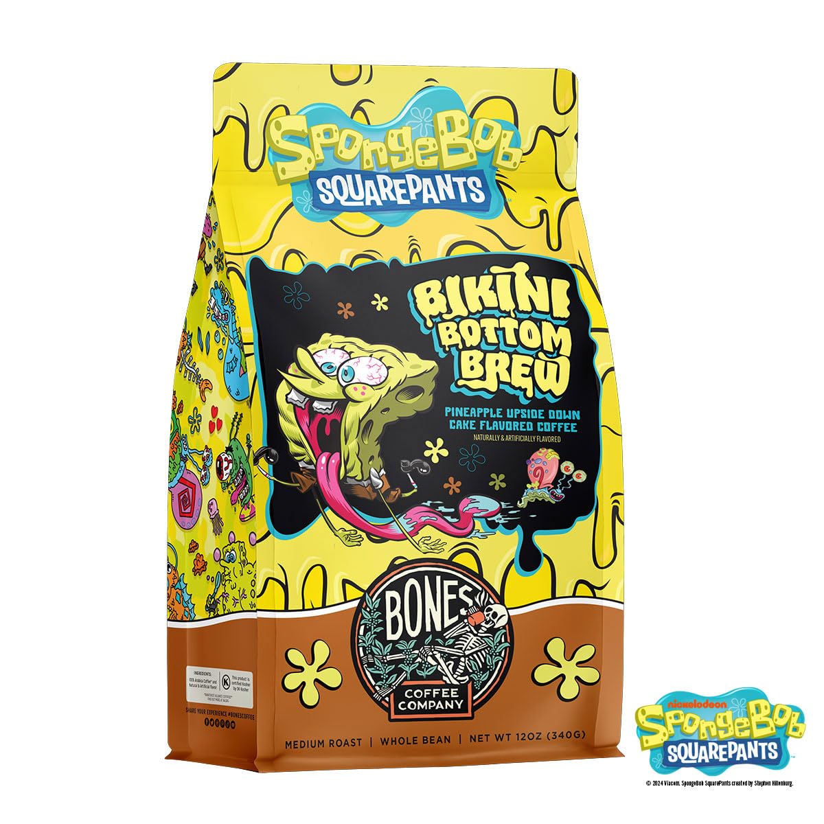 Bones Coffee Company Spongebob Bikini Bottom Brew, Pineapple Upside Down Cake Flavored Coffee, Medium Roast Low Acid Arabica Beans For Auto drip and French Press Coffee Maker, 12 Oz Ground