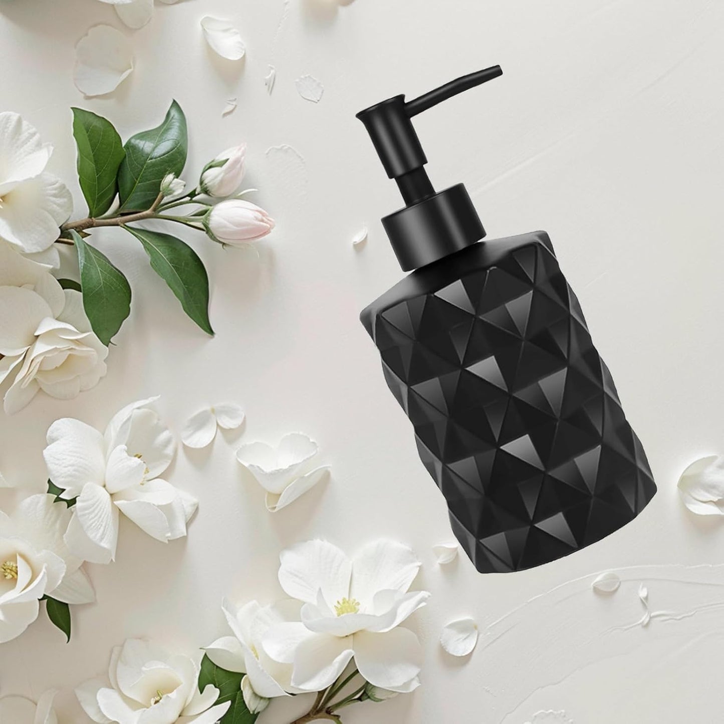 12Oz Small Glass Soap Dispenser with Black Plastic Pump, Black Refillable Kitchen Countertop Liquid Hand Soap Dispensers with Diamond Design, Crystal Bathroom Lotion Bottle for Dispense Dish Soap