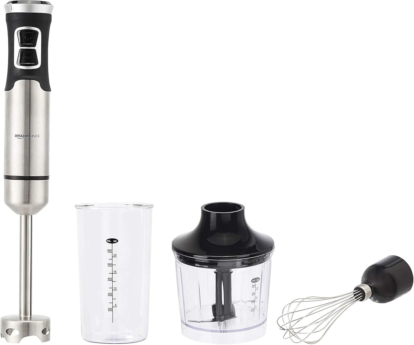 Amazon Basics Multi-Speed Immersion Hand Blender for Kitchen Mixing, Smoothies, Soups, 500 Watt Powerful, with Blending Stick, Whisk, Chopper and Beaker, Silver