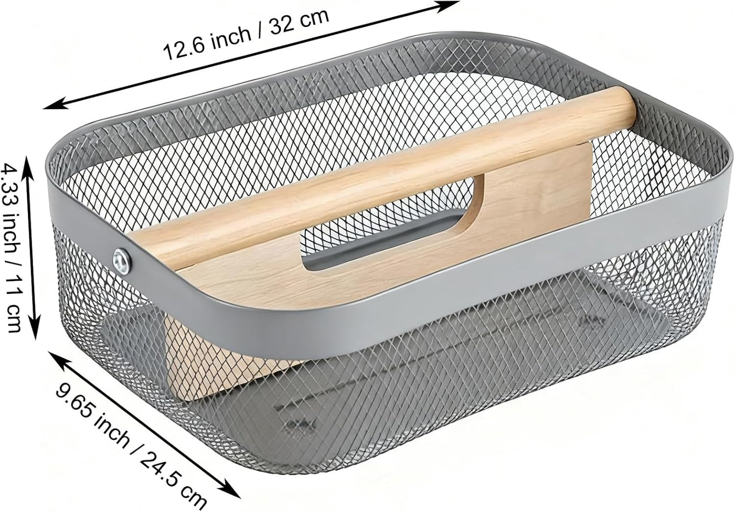 Metal Mesh Steel Storage Basket, Garden Harvest Wire Organizer Basket Multi-functional Kitchen Fruit Basket with Wooden Removable Partition & Handle for Bathroom Picnic Decor Cabinet, Grey