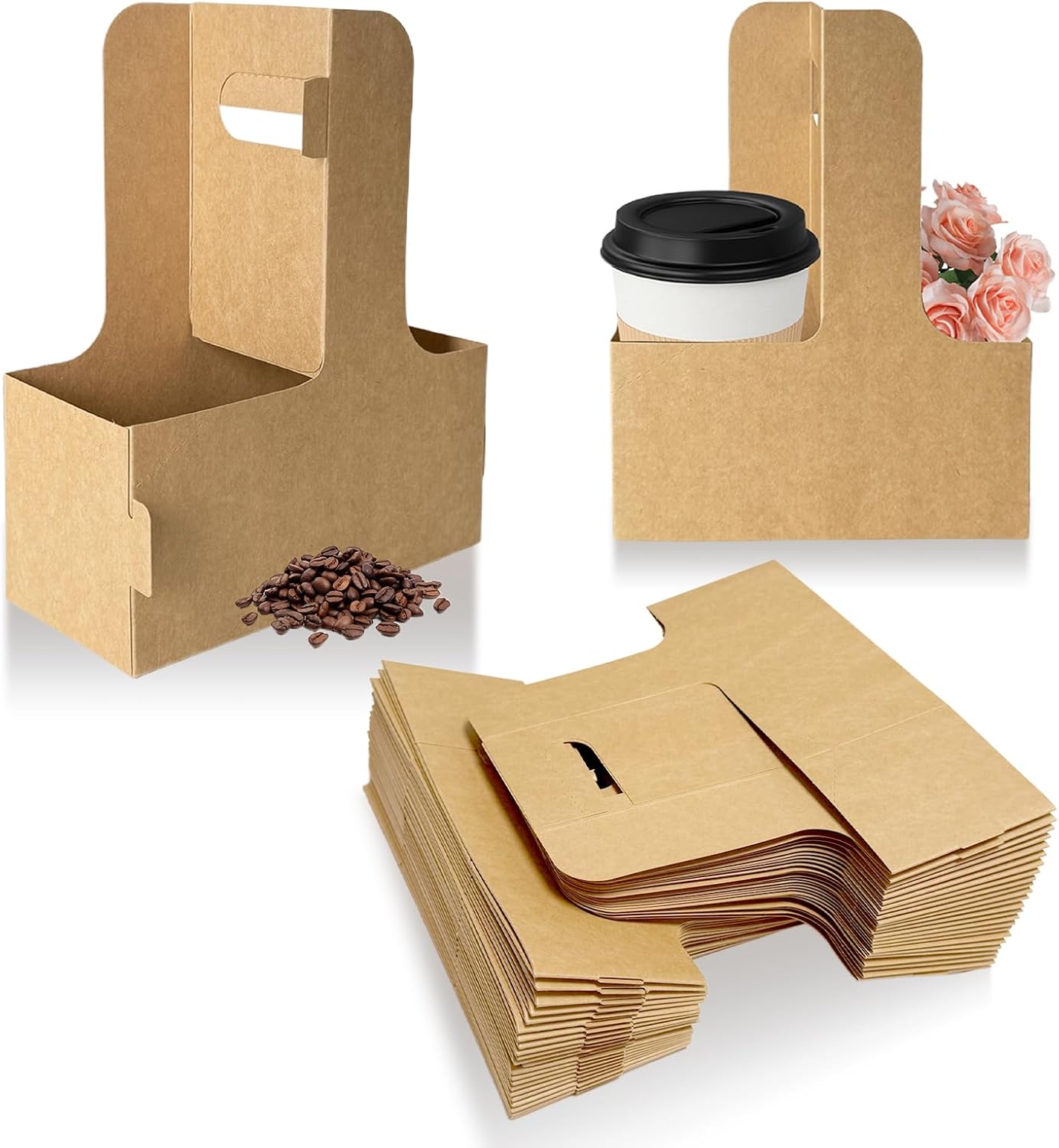 2 Cup Drink Carrier with Handle for Delivery, 50 Pack Kraft Paperboard Cup Holder, Disposable to Go Coffee Cup Carriers for Hot or Cold Drinks
