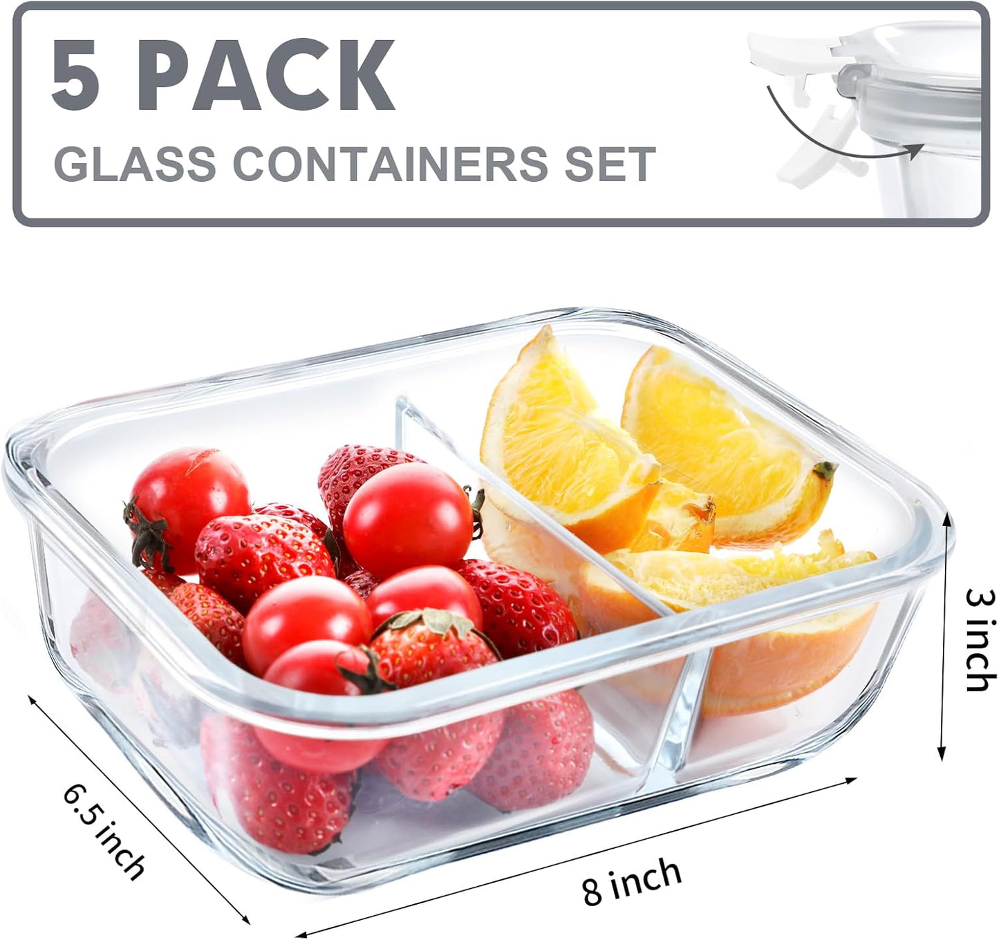 VERONES 5 Pack Glass Meal Prep Containers 2 Compartment Set, 36OZ Airtight Lunch Containers, Glass Food Storage Containers with Lids, for Microwave, Oven, Freezer & Dishwasher Friendly,White