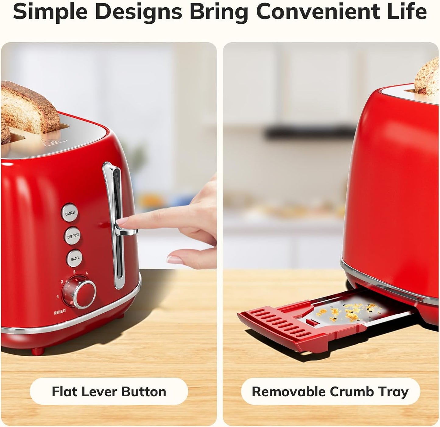 2 Slice Stainless Steel Toaster Retro with 6 Bread Shade Settings, Bagel, Cancel, Defrost Function, Extra Wide Slot, Removable Crumb Tray, Red