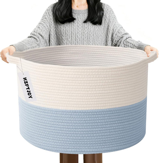 Large Blanket Basket for Organizing,115L Closet Organizers and Storage Bins Box for Shelves Woven Rope Storage Baskets,Living Room,Bedroom,Dorm,Laundry room (White&Blue)