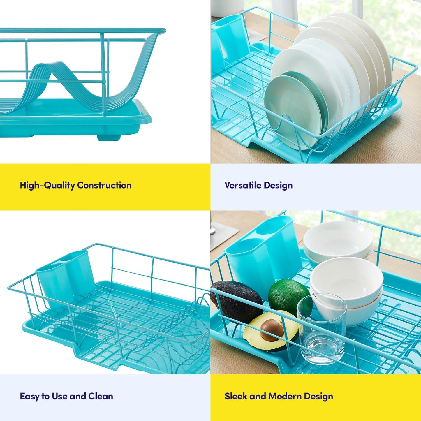 Space-Saving 3-Piece Dish Drainer Rack Set: Efficient Kitchen Organizer for Quick Drying and Storage - Includes Cutlery Holder and Drainboard - Maximize Countertop Space, Turquoise Blue