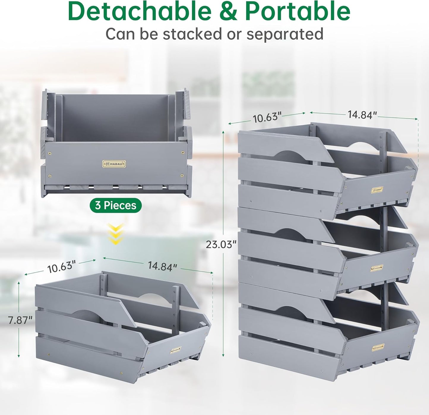 HABAU Wood Potato Onion Storage Bins - Wooden Stackable Produce Basket - Fruit Vegetable Storage for Kitchen Pantry Organization, Set 3 Pieces