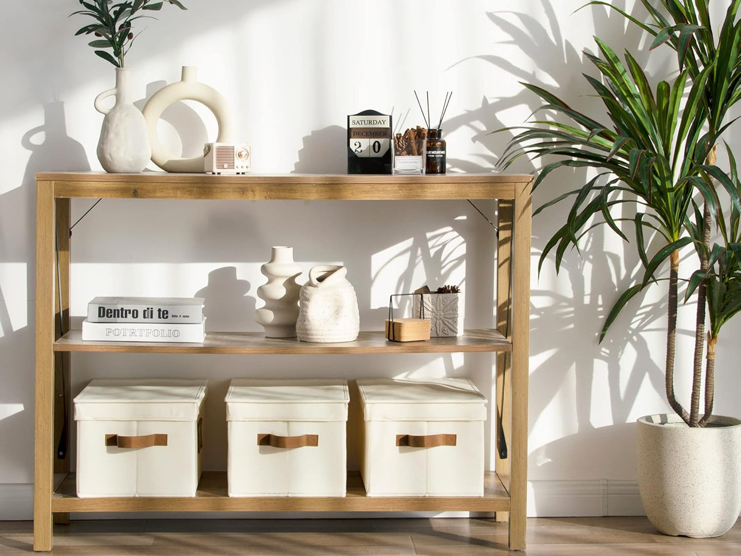 StorageWorks Large Storage Bins with Lids, Decorative Storage Boxes with Lid and PU Handles, Foldable Storage Baskets for Closet, Shelves, Stackable, Ivory White, 3-Pack