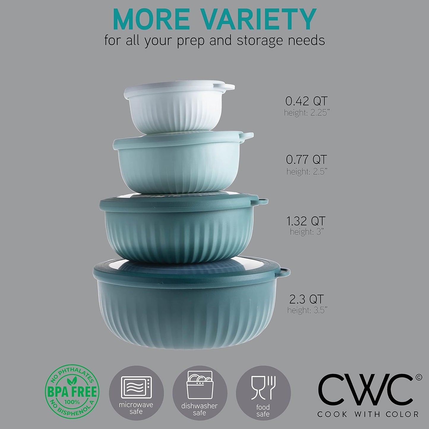 COOK WITH COLOR Prep Bowls with Lids- Wide and Deep Nesting Plastic Small Mixing Bowl Set with Lids, 8 Piece Set - Wide Bowls, Teal