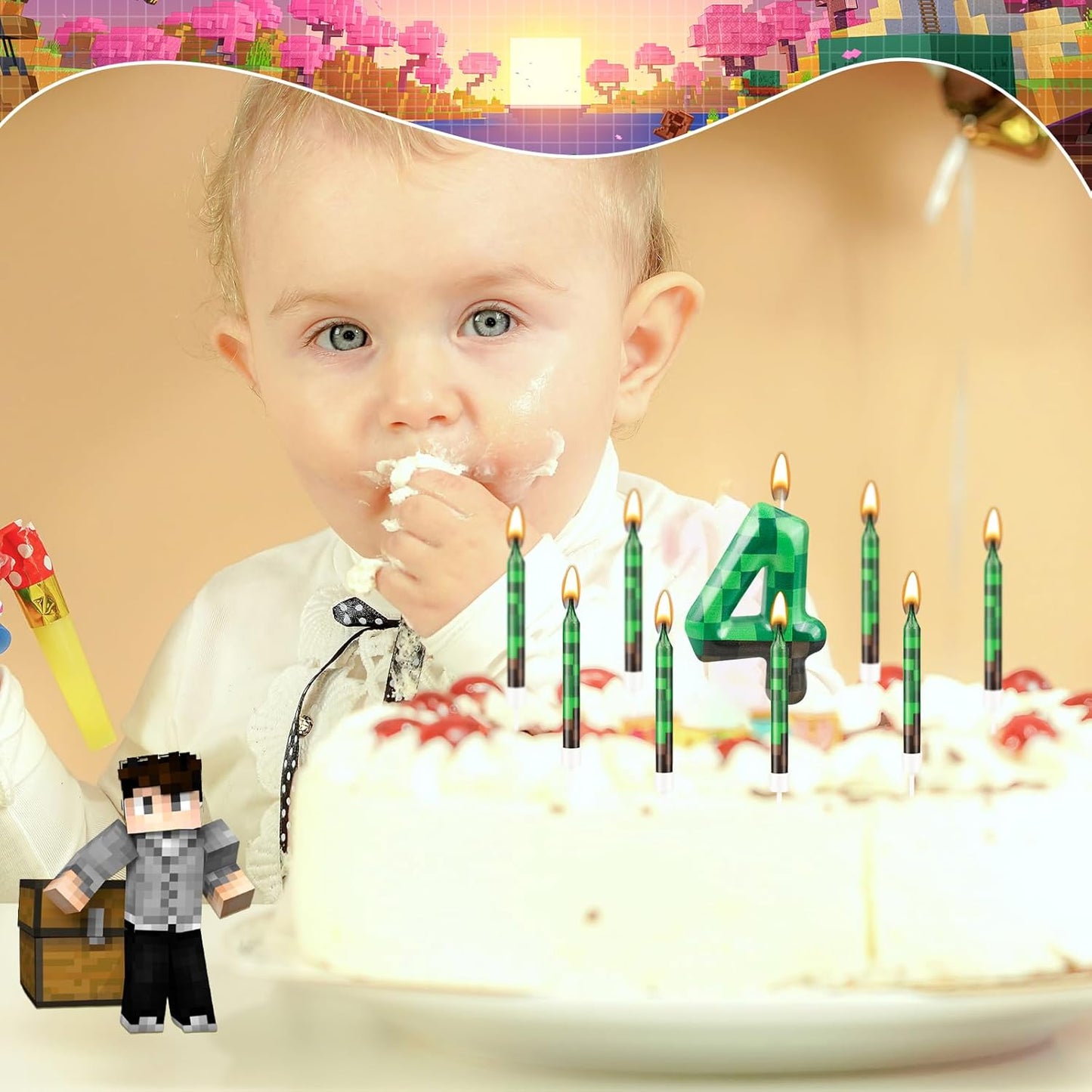 13 Pcs Dynamite Candles 12 TNT Themed Birthday Cake Candles and Number 4 Candle Cake Topper for Pixel Theme Birthday Party Anniversary Party Dynamite Theme Party Video Game Party Supplies (Number 4)