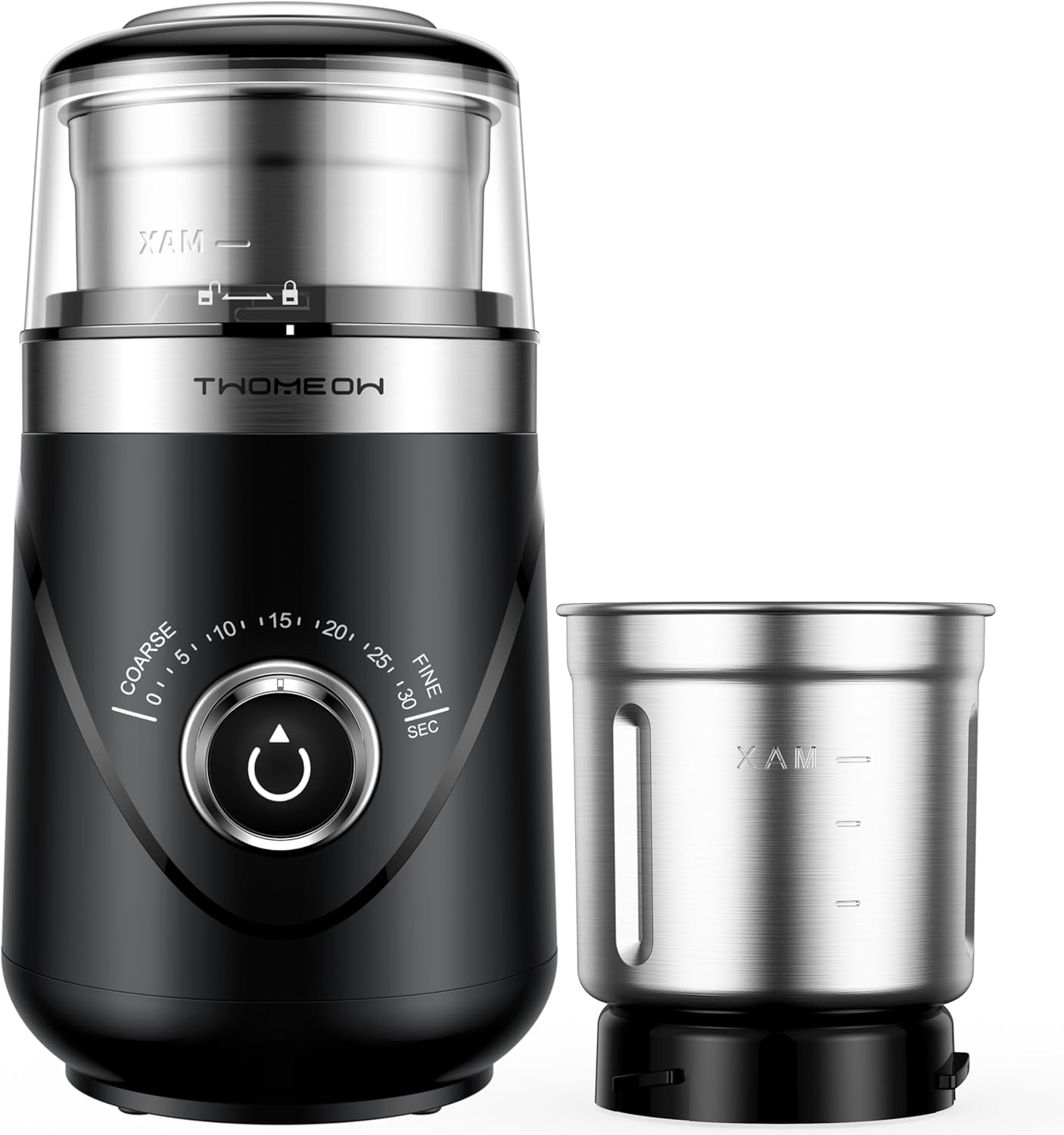 Electric Coffee Grinder with Timing Knob, Electric Quiet Grinder, High-Speed Bean and Spice Grinder with Removable Stainless Steel Bowl, Black
